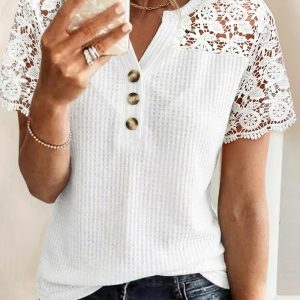 Notch Neck Short Sleeve Guipure Lace Spliced Tee Casual Half Button front Waffle Textured Top, women T-shirt & Tees, ChicMe catalog