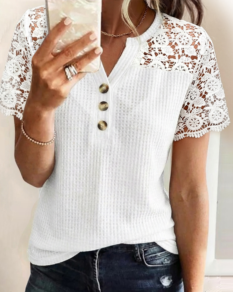 Notch Neck Short Sleeve Guipure Lace Spliced Tee Casual Half Button front Waffle Textured Top, women T-shirt & Tees, ChicMe catalog