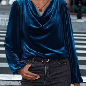 Cowl Neck Long Sleeve Plain Regular Micro-Elasticity Loose Blouse For Women, Blouses, color:Navyblue|size:4XL, catalog Noracora shop