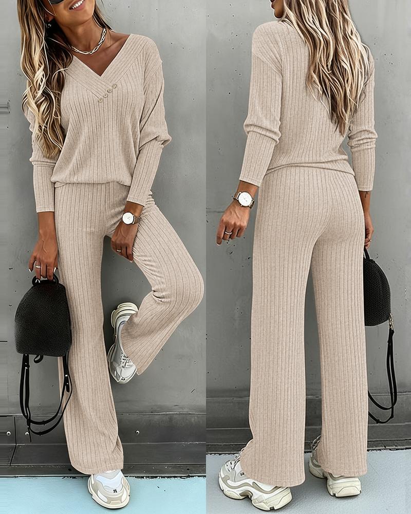 2 Pieces Outfit Button Decor V-Neck Long Sleeve Top and Elastic Waist Straight Leg Pants Set Casual Ribbed Set, women Two-piece Sets, ChicMe catalog - Image 4