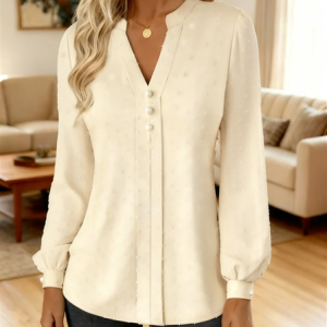 V Neck Long Sleeve Plain Regular Regular Fit Shirt For Women, Blouses, color:Apricot|size:4XL, catalog Noracora shop