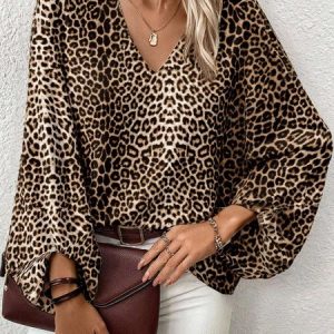 V Neck Half Sleeve Leopard Printing Regular Micro-Elasticity Loose Top Shirt For Women, Blouses, color:Leopard|size:XL, catalog Noracora shop