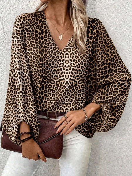 Women Leopard Half Sleeve Shirt Summer Printing V Neck Daily Casual Top, JustFashionNow Blouses, color:Leopard|size:XL,