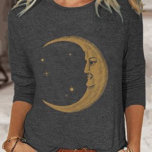 Casual Moon Crew Neck Long Sleeve T-shirt, T-shirts, color:Deep Gray|size:XXL, catalog Noracora shop