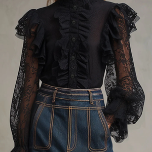 Chiffon Urban Plain Peplum Balloon Sleeve Shirt, Blouses and Shirts, color:Black|size:XXL, Stylewe
