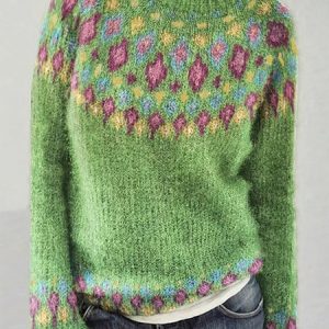 Women Crew Neck Ethnic Casual Loose Fair Isle Sweater, JustFashionNow Sweaters, color:Green|size:XXL,