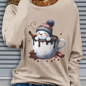 Casual Christmas Snowman Crew Neck Long Sleeve T-shirt, T-shirts, color:Light Khaki|size:XXL, catalog Noracora shop
