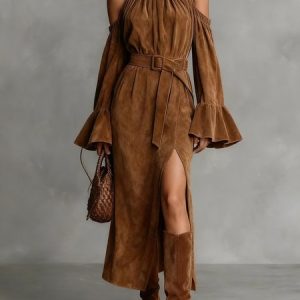 Urban Plain Off Shoulder Sleeve Suede Side-Slit  Midi Dress With Belt, Maxi Dresses, color:Brown|size:XXL, Stylewe