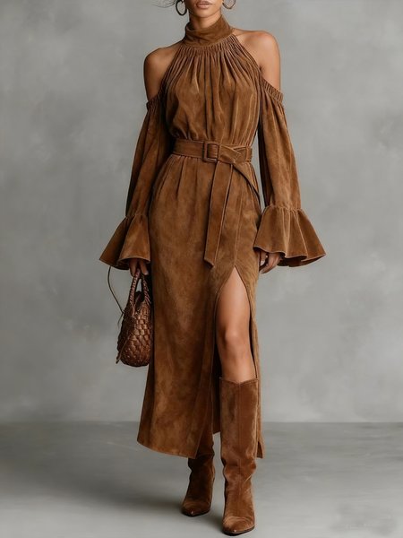 Urban Plain Off Shoulder Sleeve Suede Side-Slit Midi Dress With Belt, Maxi Dresses, color:Brown|size:XXL, Stylewe