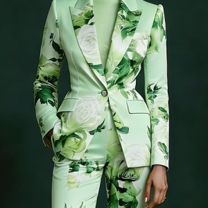 Elegant Printing Floral Lapel Collar Blazer, Blazers, color:Green|size:XXL, Stylewe