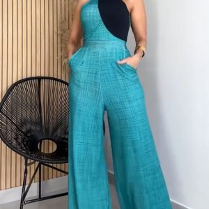 Colorblock Mock Neck Sleeveless Cinched Waist Zipper Back Overalls Casual High Waist Wide Leg Jumpsuit, women Jumpsuits, ChicMe catalog