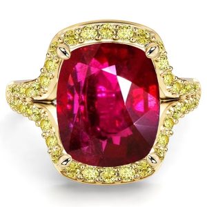 unique engagement rings - Italo Elongated Split Shank Yellow Topaz Halo Cushion Cut Ruby Ring, Italo jewelry - Online Catalog