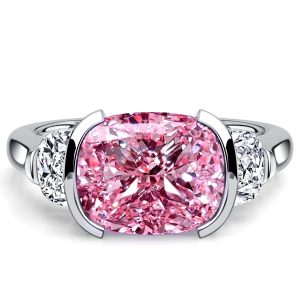 classic engagement rings - Italo Half Bezel Cushion Cut Pink Stone Ring Three Stone Ring For Women, Italo jewelry - Online Catalog