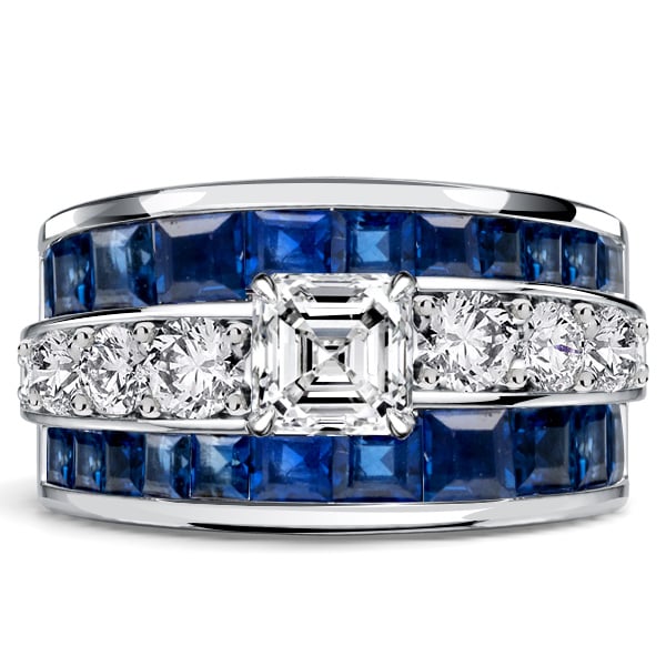 unique engagement rings - Italo Scalloped Edge Asscher Cut Blue Sapphire Vintage Engagement Ring For Women, Italo jewelry - Online Catalog