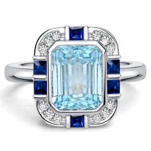 halo engagement rings - Italo Bezel 2.5 Carat Emerald Cut Aquamarine Ring Vintage Engagement Ring For Women, Italo jewelry - Online Catalog