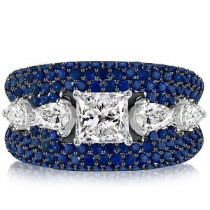 unique engagement rings - Italo Micro Pave Blue Sapphire Princess Cut Five Stone Unique Engagement Rings, Italo jewelry - Online Catalog