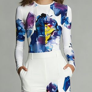 Urban Random Print Printing Crew Neck T-shirt, Tees, color:white-blue|size:XXL, Stylewe