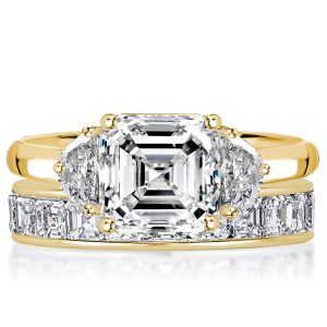 bridal sets - Italo Golden Three Stone Asscher Cut Engagement Ring Sets For Women, Italo jewelry - Online Catalog