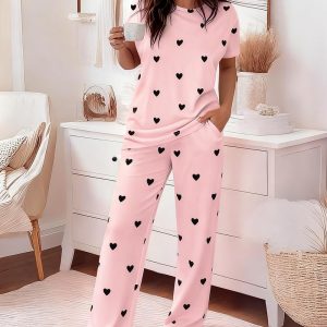 Valentine's Day 2 Pieces Outfit Round Neck Short Sleeve Top and Elastic Waist Pants Set Casual Heart Print Loose Fit Pajamas Set, women Pajamas Sets, ChicMe catalog