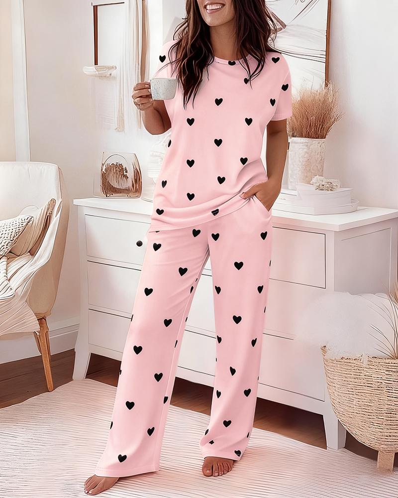 Valentine's Day 2 Pieces Outfit Round Neck Short Sleeve Top and Elastic Waist Pants Set Casual Heart Print Loose Fit Pajamas Set, women Pajamas Sets, ChicMe catalog