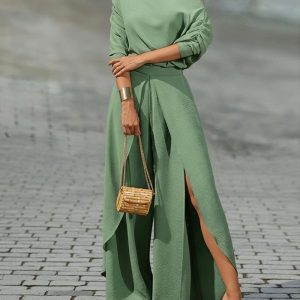 Two-Piece Set Cold Shoulder Batwing Sleeve Top and Casual Elastic Waist Slit Wide Leg Pants, women Two-piece Sets, ChicMe catalog