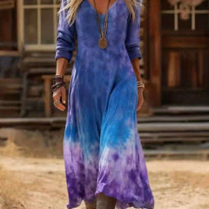 Women Ombre Long Sleeve Spring/Fall Printing Dress V Neck Daily Vintage Maxi H-Line Dress, JustFashionNow Casual Dresses, color:Purple|size:5XL,