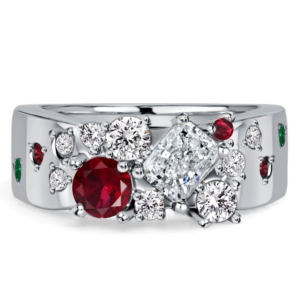 anniversary band - Italo Cluster Ruby Radiant & Round Cut Half Eternity Band Waterfall Ring, Italo jewelry - Online Catalog