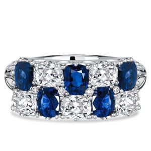 anniversary band - Italo Filigree Cushion White & Blue Sapphire Half Eternity Wedding Band For Women, Italo jewelry - Online Catalog
