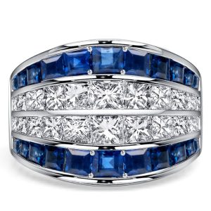 anniversary band - Italo Channel-set Asscher & Princess Cut Blue & White Sapphire Cigar Band Ring, Italo jewelry - Online Catalog