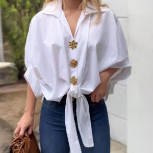 Vintage Palace Style Turn-down Collar Batwing Sleeve Golden Floral Button Front Blouse Casual Knot Front Loose Fit Top, women Blouses & Shirts, ChicMe catalog
