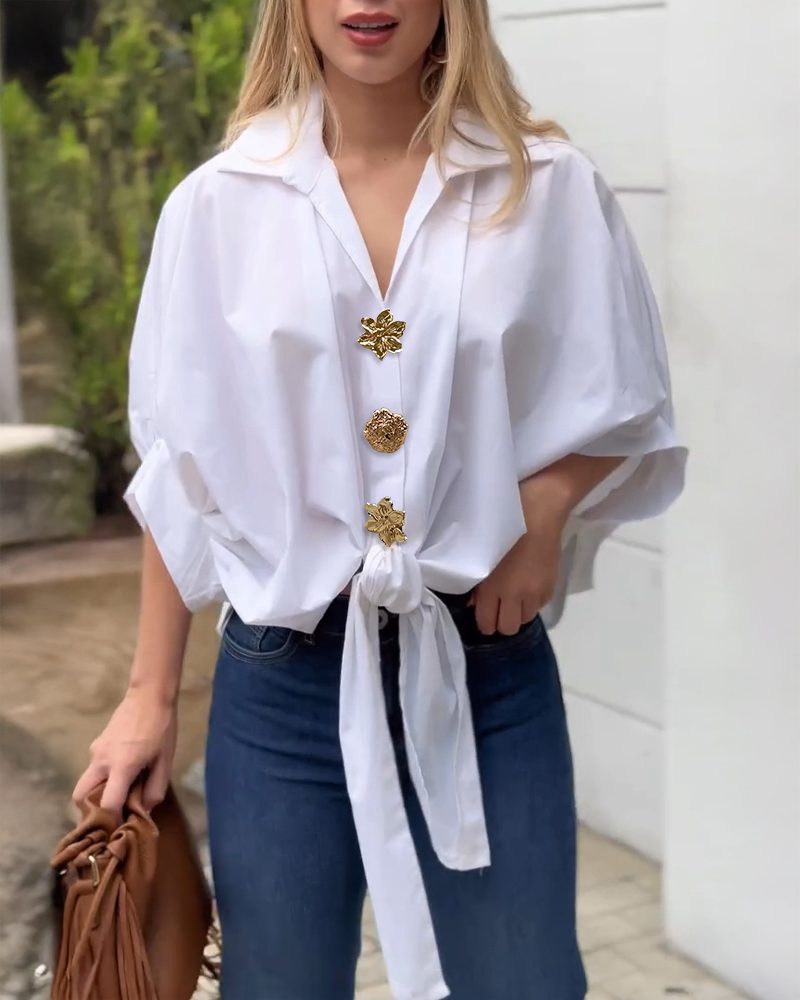 Vintage Palace Style Turn-down Collar Batwing Sleeve Golden Floral Button Front Blouse Casual Knot Front Loose Fit Top, women Blouses & Shirts, ChicMe catalog