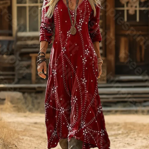 Women Abstract Long Sleeve Spring/Fall Printing Dress V Neck Daily Vintage Maxi H-Line Dress, JustFashionNow Casual Dresses, color:Red|size:5XL,