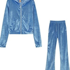 Women Plain Split Joint Two-Piece Set Daily Long Sleeve Casual Spring/Fall Top With Pants Matching Set, JustFashionNow Suit Set, color:Sky Blue|size:XS,