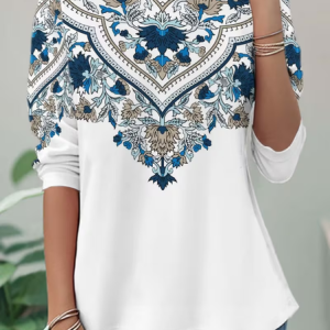 Women Ethnic Long Sleeve Tee T-shirt Crew Neck Casual Spring/Fall Tunic Top, JustFashionNow T-Shirts, color:White|size:XXL,