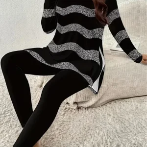 Women Striped Printing Two-Piece Set Daily Long Sleeve Casual Spring/Fall Top With Pants Matching Set, JustFashionNow Suit Set, color:Black|size:XXL,