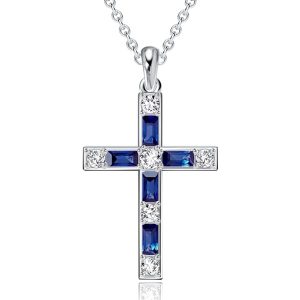 necklaces - Italo Baguette Cut Blue Sapphire Silver Cross Necklace For Women, Italo jewelry - Online Catalog