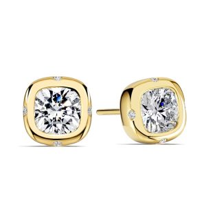 earrings - Italo Golden Flush Setting Cushion Cut Stud Earrings For Women, Italo jewelry - Online Catalog