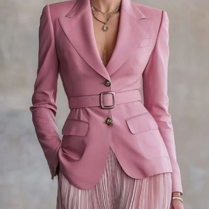 Urban Buttoned Plain Lapel Collar Blazer With Belt, Blazers, color:Pink|size:XXL, Stylewe