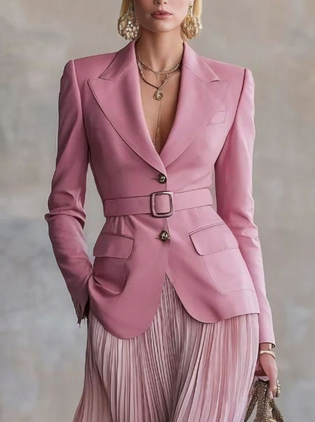 Urban Buttoned Plain Lapel Collar Blazer With Belt, Blazers, color:Pink|size:XXL, Stylewe