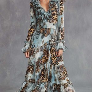 Vacation Leopard Printing V Neck Midi Dress, Midi Dresses, color:Blue|size:XXL, Stylewe