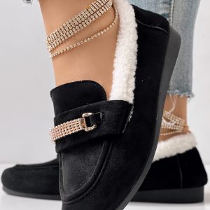 Rhinestone Chain Decor Thermal Lined Faux Shearling Trim Casual Flat Slip-On Loafers without Anklet Bracelet, women Slip-on, ChicMe catalog