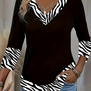 Casual Zebra V Neck Long Sleeve T-shirt, T-shirts, color:Black|size:XXL, catalog Noracora shop