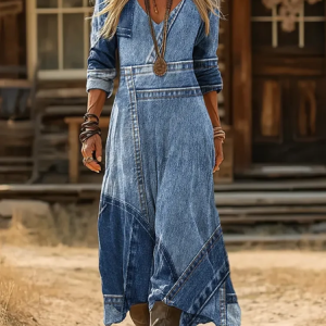 Women Faux Denim Print Graphic Long Sleeve Spring/Fall Printing Dress V Neck Daily Vintage Maxi H-Line Dress, JustFashionNow Casual Dresses, color:Blue|size:5XL,