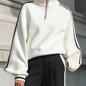 Casual Color Block Binding Stand Collar Raglan Sleeves Sweatshirt, Hoodies and Sweatshirts, color:White|size:XXL, Stylewe