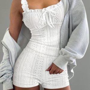 2 Pieces Outfit Square Neck Frill Straps Tied Detail Cami Top and Elastic Waist Shorts Set Slim Fit Hollow-out Jacquard Textured Knit Pajamas Set, women Two-piece Sets, ChicMe catalog