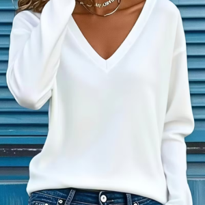 Women Plain Long Sleeve Tee T-shirt V Neck Printing Casual Spring/Fall Graphic Tee Top, JustFashionNow T-Shirts, color:White|size:XXL,