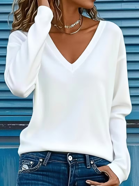 Women Plain Long Sleeve Tee T-shirt V Neck Printing Casual Spring/Fall Graphic Tee Top, JustFashionNow T-Shirts, color:White|size:XXL,