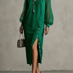 Urban Plain Side-Slit V Neck Midi Dress, Midi Dresses, color:Green|size:XXL, Stylewe