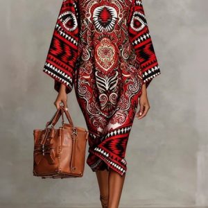 Urban Ethnic Printing Stand Collar Midi Dress, Midi Dresses, color:Red|size:XXL, Stylewe