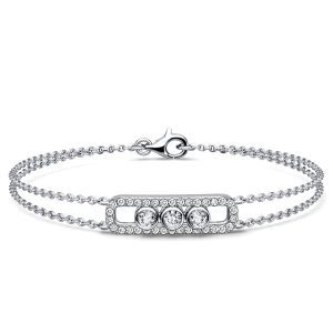 bracelets - Italo Bezel Set Three Stone Decorated Double Chain Bracelet For Women, Italo jewelry - Online Catalog
